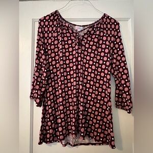LuLaRoe Debra Blouse Burgundy and Pink Polka Dot Blouse